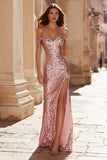 Sparkly Pink Off the Shoulder Sequins Mermaid Long Prom Dress with Slit