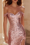 Sparkly Pink Off the Shoulder Sequins Mermaid Long Prom Dress with Slit