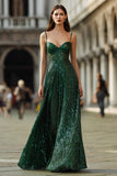 Sparkly Dark Green Sequins Spaghetti Straps Long Prom Dress