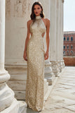 Sparkly Champagne High Neck Cut Out Mermaid Sequins Long Prom Dress