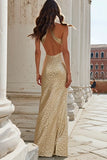 Sparkly Champagne High Neck Cut Out Mermaid Sequins Long Prom Dress