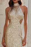 Sparkly Champagne High Neck Cut Out Mermaid Sequins Long Prom Dress