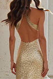 Sparkly Champagne High Neck Cut Out Mermaid Sequins Long Prom Dress