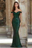 Sparkly Long Dark Green Off the Shoulder Mermaid Prom Dress