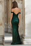 Sparkly Long Dark Green Off the Shoulder Mermaid Prom Dress