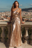 Sparkly Sequin Gold One Shoulder Mermaid Long Prom Dress