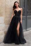 Sparkly Black Spaghetti Straps Tulle Long Prom Dress with Sequins