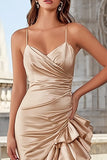 Champagne Mermaid Ruffled Spaghetti Straps Long Prom Dress with Slit