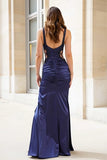 Navy Mermaid Cut Out Ruched Long Prom Dress with Slit
