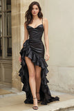 Black Ruffled Spaghetti Straps Satin Sheath High Low Prom Dress