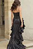 Black Ruffled Spaghetti Straps Satin Sheath High Low Prom Dress