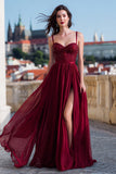 Sparkly Burgundy Sequin Spaghetti Straps Chiffon Long Prom Dress with Slit
