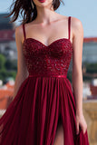 Sparkly Burgundy Sequin Spaghetti Straps Chiffon Long Prom Dress with Slit