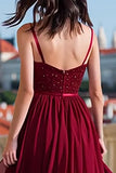 Sparkly Burgundy Sequin Spaghetti Straps Chiffon Long Prom Dress with Slit