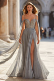 Sparkly Light Grey Cold Shoulder Long Prom Dress with Slit