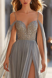 Sparkly Light Grey Cold Shoulder Long Prom Dress with Slit