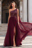 Burgundy One Shoulder Sparkly Long Prom Dress with Sequins