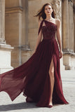 Sparkly Burgundy One Shoulder A Line Long Prom Dress with Slit