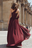 Sparkly Burgundy One Shoulder A Line Long Prom Dress with Slit
