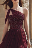 Sparkly Burgundy One Shoulder A Line Long Prom Dress with Slit