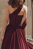 Sparkly Burgundy One Shoulder A Line Long Prom Dress with Slit