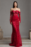 Red Lace Mermaid Long Corset Off the Shoulder Prom Dress with Sleeves
