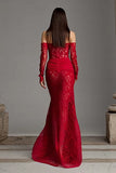 Red Lace Mermaid Long Corset Off the Shoulder Prom Dress with Sleeves
