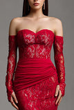 Red Lace Mermaid Long Corset Off the Shoulder Prom Dress with Sleeves