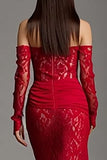 Red Lace Mermaid Long Corset Off the Shoulder Prom Dress with Sleeves