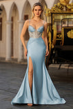 Sparkly Dusty Blue Corset Satin Mermaid Long Prom Dress with Slit
