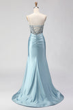 Sparkly Dusty Blue Satin Beaded Long Corset Prom Dress with Slit