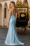 Sparkly Dusty Blue Corset Satin Mermaid Long Prom Dress with Slit
