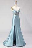 Sparkly Dusty Blue Satin Beaded Long Corset Prom Dress with Slit
