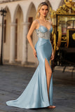 Sparkly Dusty Blue Corset Satin Mermaid Long Prom Dress with Slit