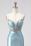 Sparkly Dusty Blue Satin Beaded Long Corset Prom Dress with Slit