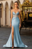 Sparkly Dusty Blue Corset Satin Mermaid Long Prom Dress with Slit