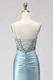 Sparkly Dusty Blue Satin Beaded Long Corset Prom Dress with Slit