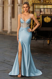 Sparkly Dusty Blue Corset Satin Mermaid Long Prom Dress with Slit