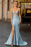 Sparkly Dusty Blue Corset Satin Mermaid Long Prom Dress with Slit