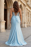 Sparkly Dusty Blue Corset Satin Mermaid Long Prom Dress with Slit