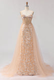 Sparkly Floral Champagne Beaded Tulle Long Corset Prom Dress