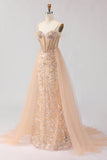 Sparkly Floral Champagne Beaded Tulle Long Corset Prom Dress