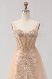 Sparkly Floral Champagne Beaded Tulle Long Corset Prom Dress