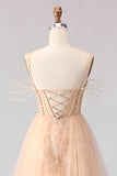Sparkly Floral Champagne Beaded Tulle Long Corset Prom Dress
