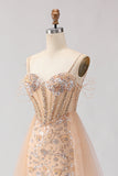 Sparkly Floral Champagne Beaded Tulle Long Corset Prom Dress