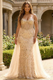 Sparkly Floral Champagne Beaded Tulle Long Corset Prom Dress