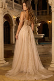 Sparkly Floral Champagne Beaded Tulle Long Corset Prom Dress