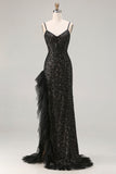 Sparkly Mermaid Black Long Corset Prom Dress with Slit