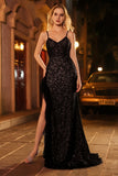 Sparkly Mermaid Black Long Corset Prom Dress with Slit