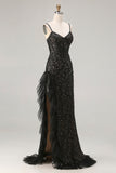 Sparkly Black Beaded Mermaid Long Corset Prom Dress with Ruffles